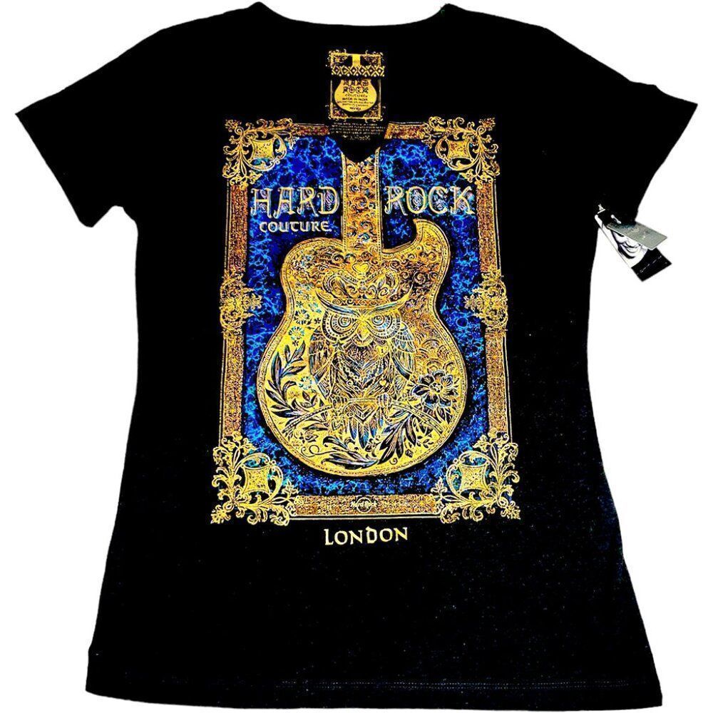 Hard Rock London gray metallic gold blue guitar T-shirt NWT